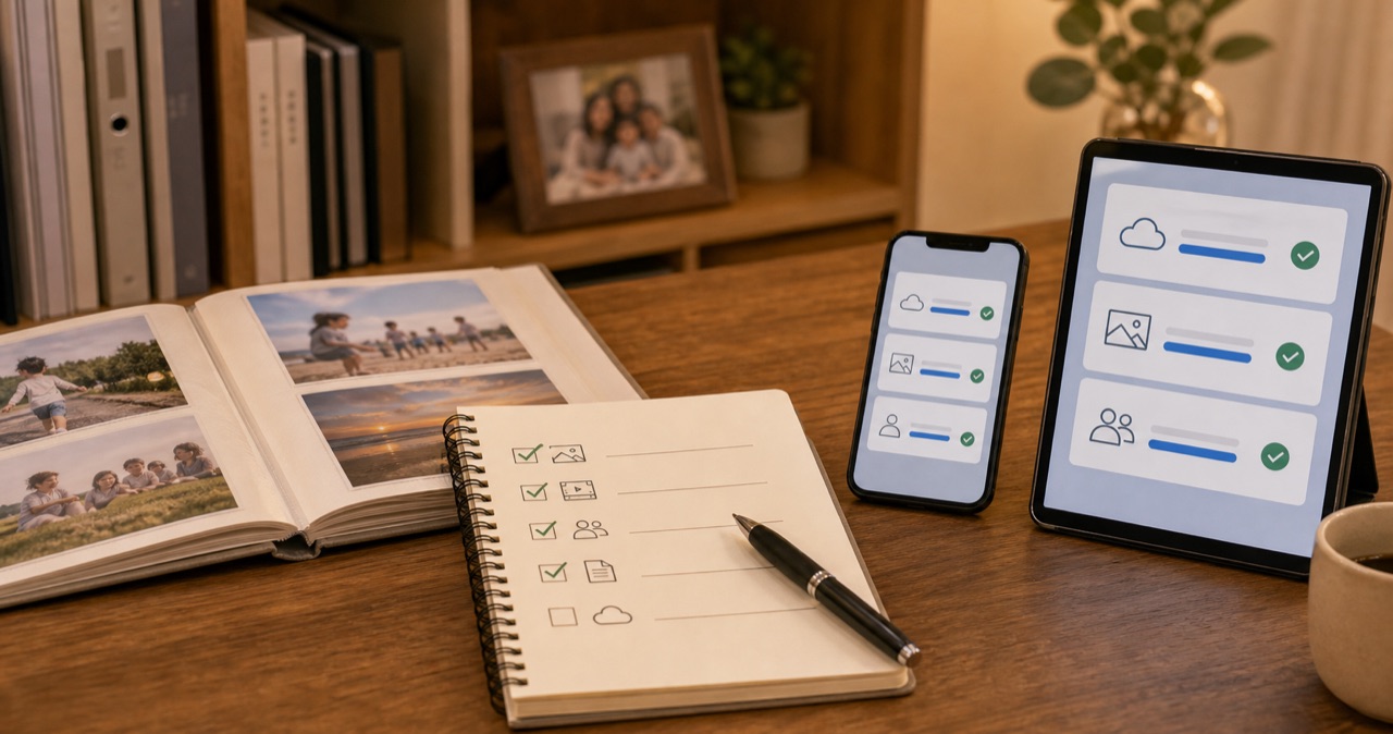 本棚のアルバム横でバックアップ確認用のノートとスマートフォンを並べている様子