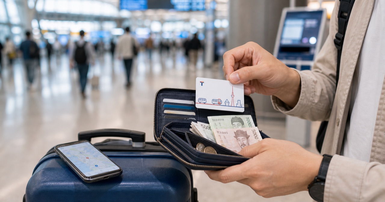 韓国の空港到着ロビーで財布とスマートフォンと交通カードを整理している旅行者