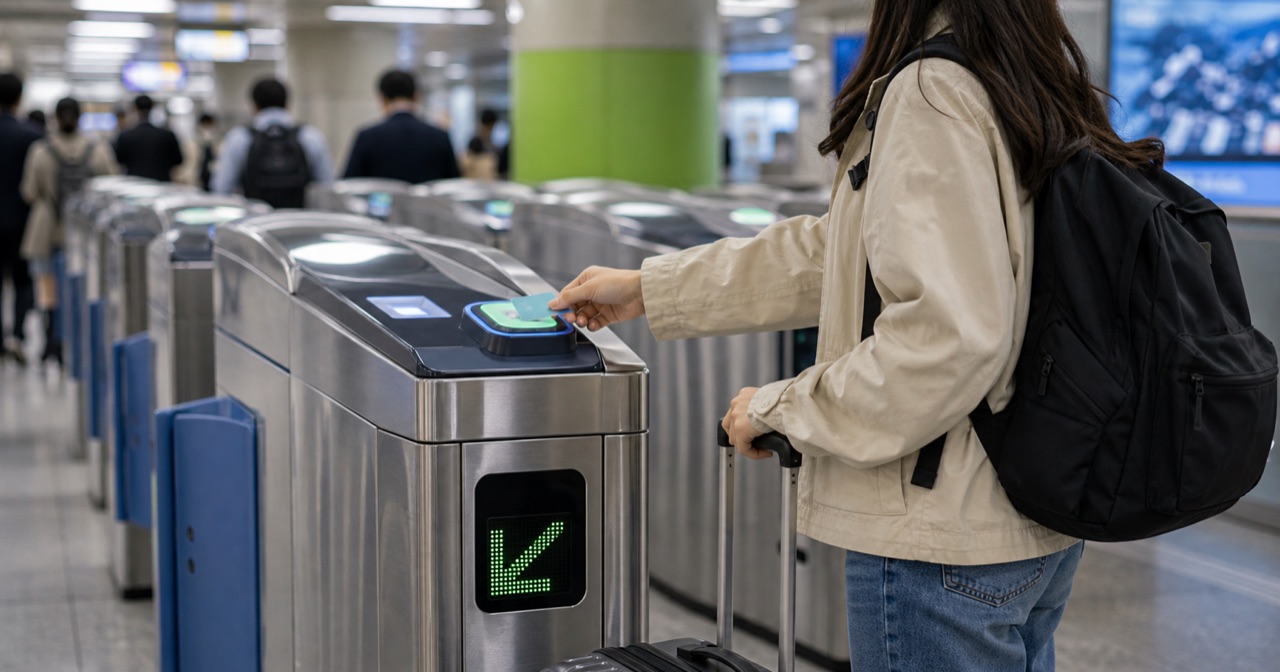 ソウルの地下鉄改札で旅行者が交通カードをタッチしている様子
