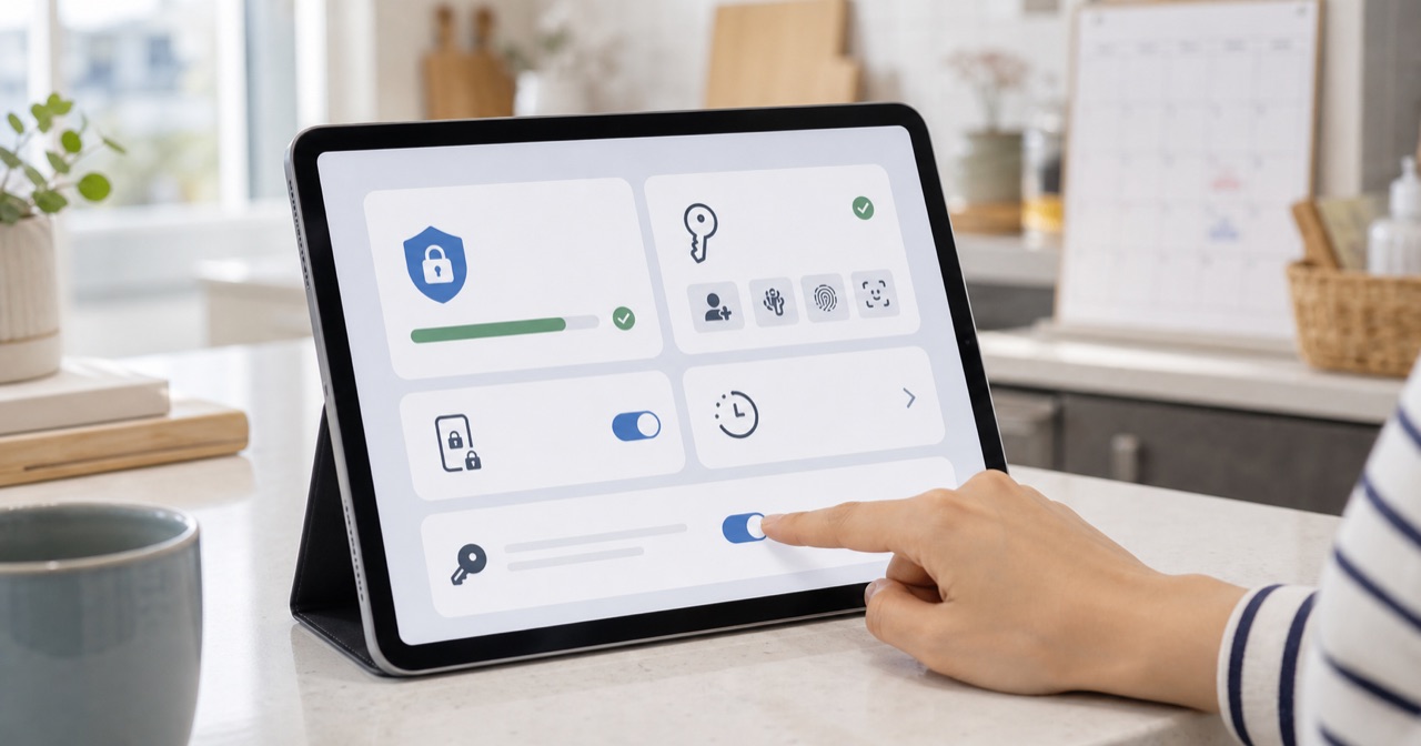 キッチンカウンターのタブレットでパスワード安全性チェックを確認している様子