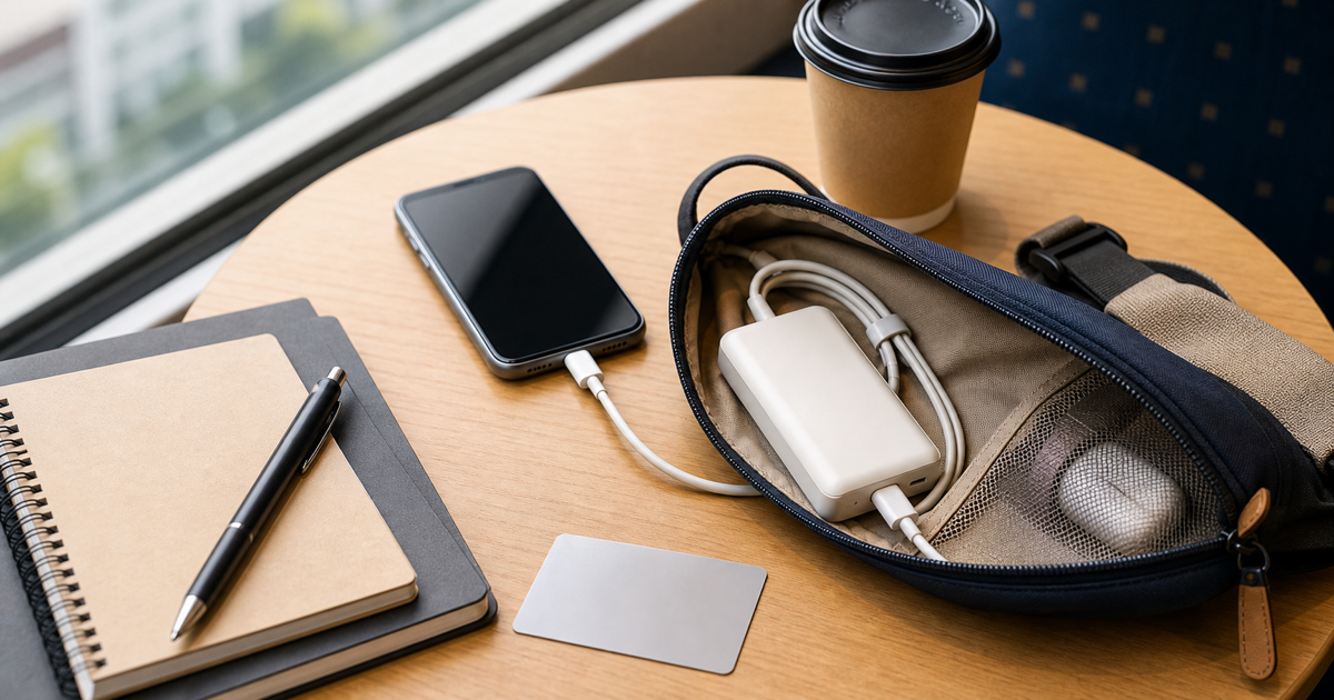 外出先でスマートフォンをモバイルバッテリーにつないでいる様子