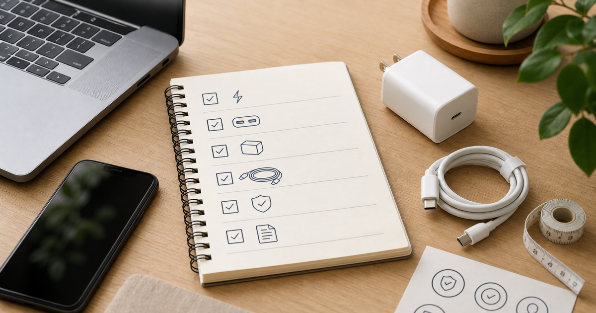 USB-C充電器を買う前の確認項目をノートにまとめたチェックリスト写真