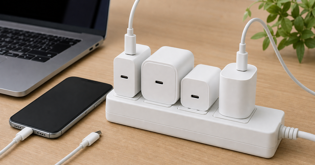 電源タップに複数のUSB-C充電器を並べてポート配置を比較している写真