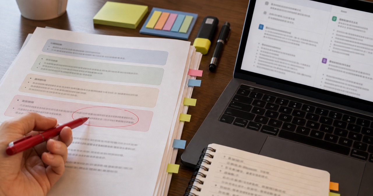 AIの回答を複数の資料とメモでファクトチェックしている手元