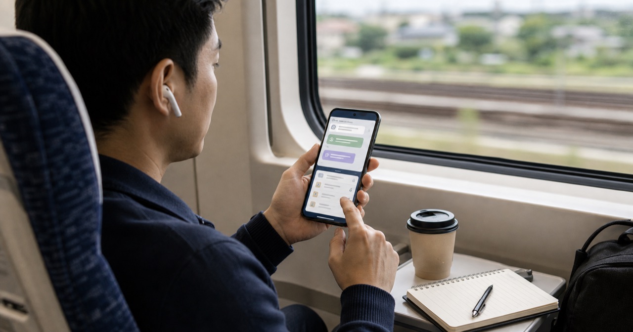 電車内でスマートフォンのAI要約メモを確認している様子
