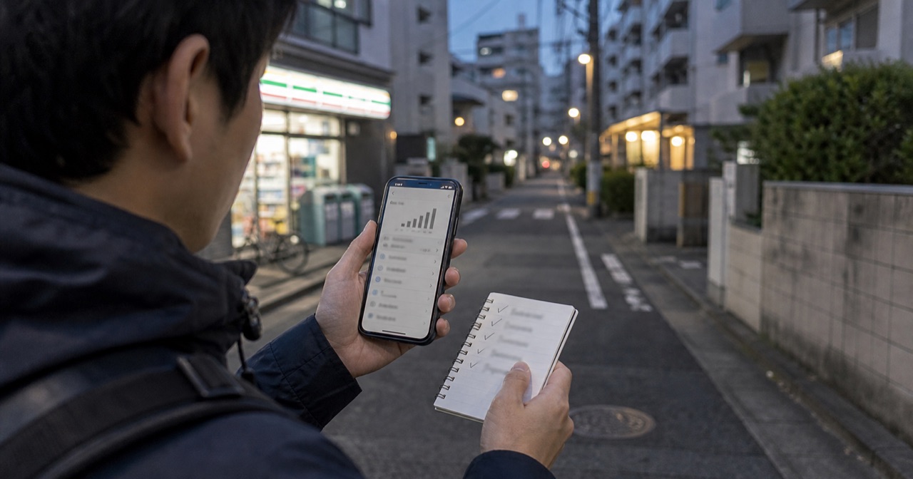 屋外で格安SIMの通信エリアと電波状況を確認している様子
