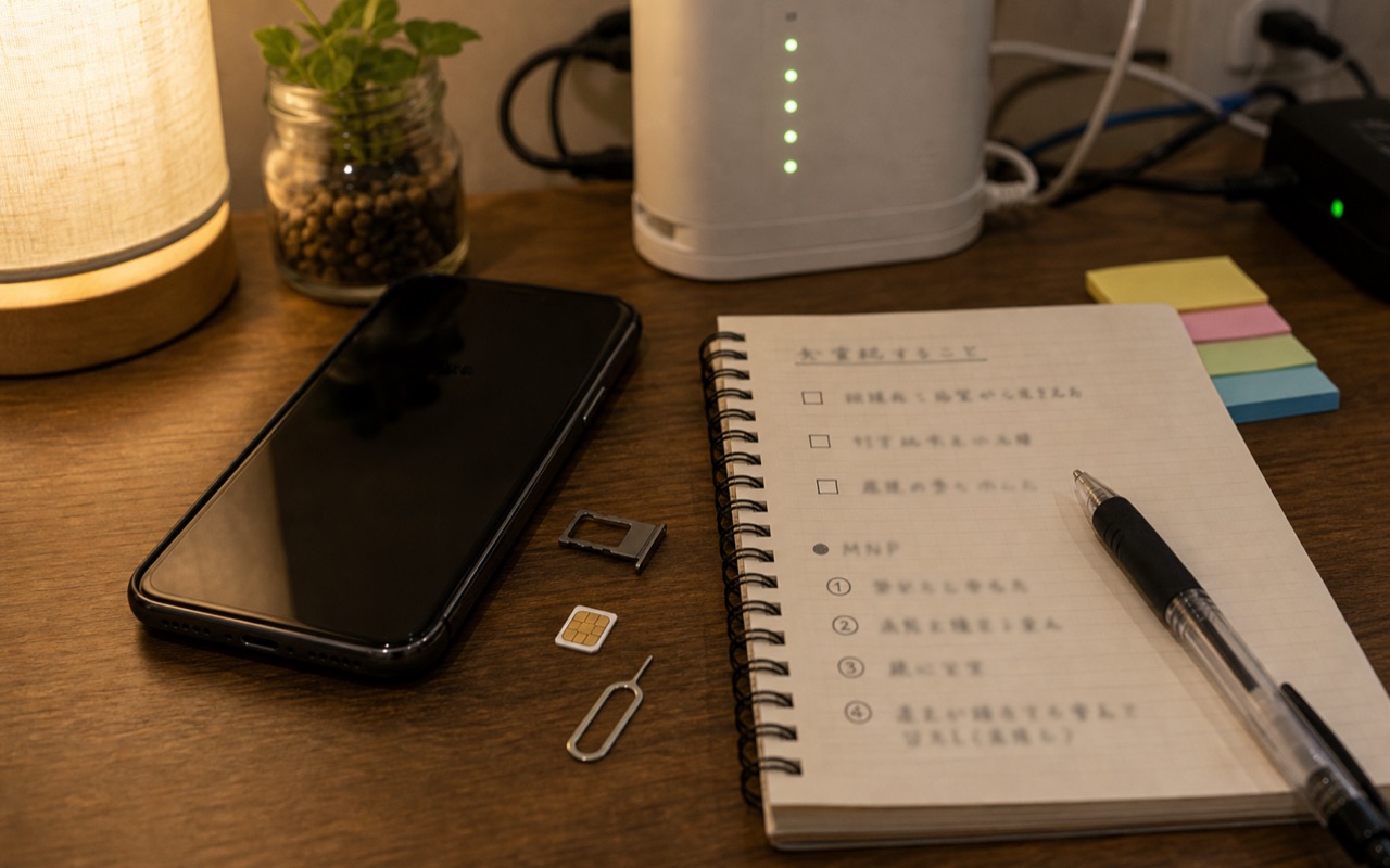 SIMカードとMNP手順をテーブルで確認している様子