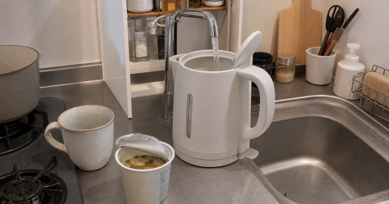 一人暮らしの小さなキッチンで電気ケトルに水を入れている様子