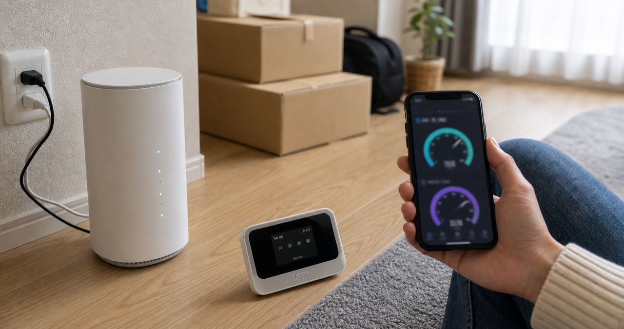 引っ越し後の部屋でホームルーターとモバイルWi-Fiを比べている様子