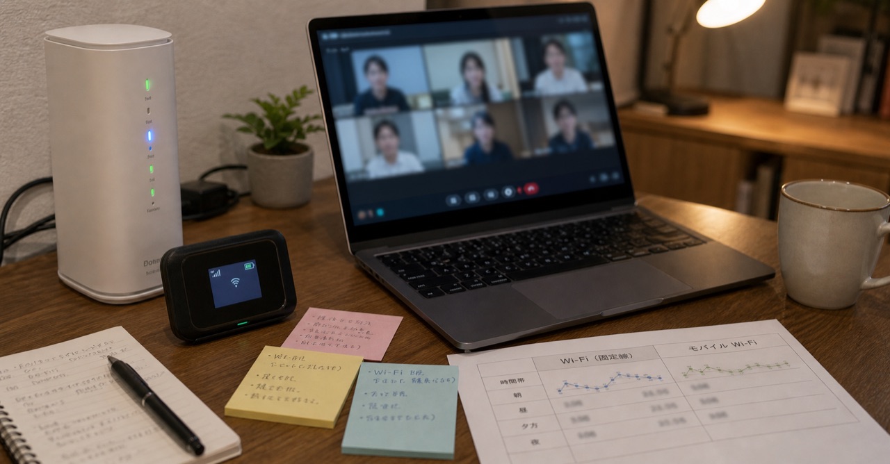 在宅ワーク中にホームルーターとモバイルWi-Fiの安定性を比べている様子