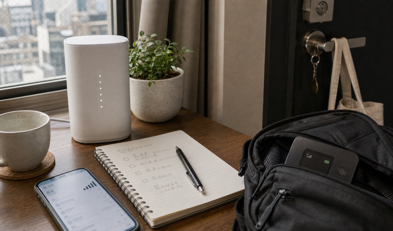 窓際でホームルーターとモバイルWi-Fiの電波を確認している様子