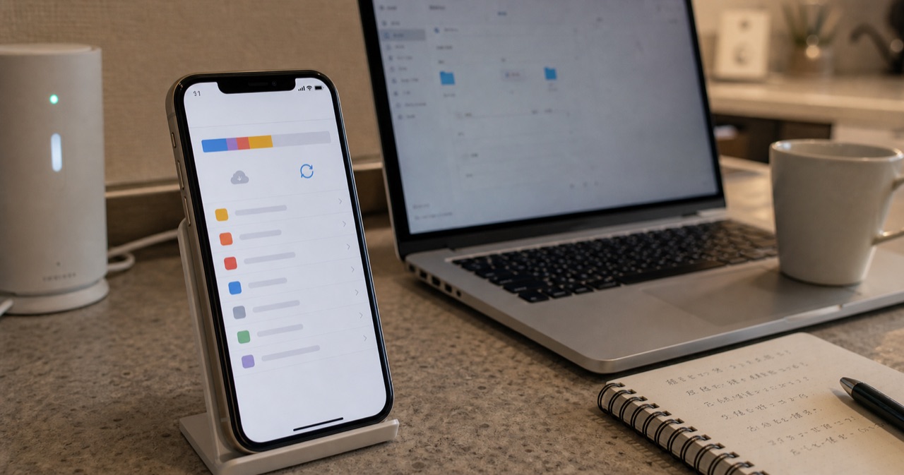 Wi-Fi接続中のスマートフォンでiCloud写真の同期状況を確認している様子