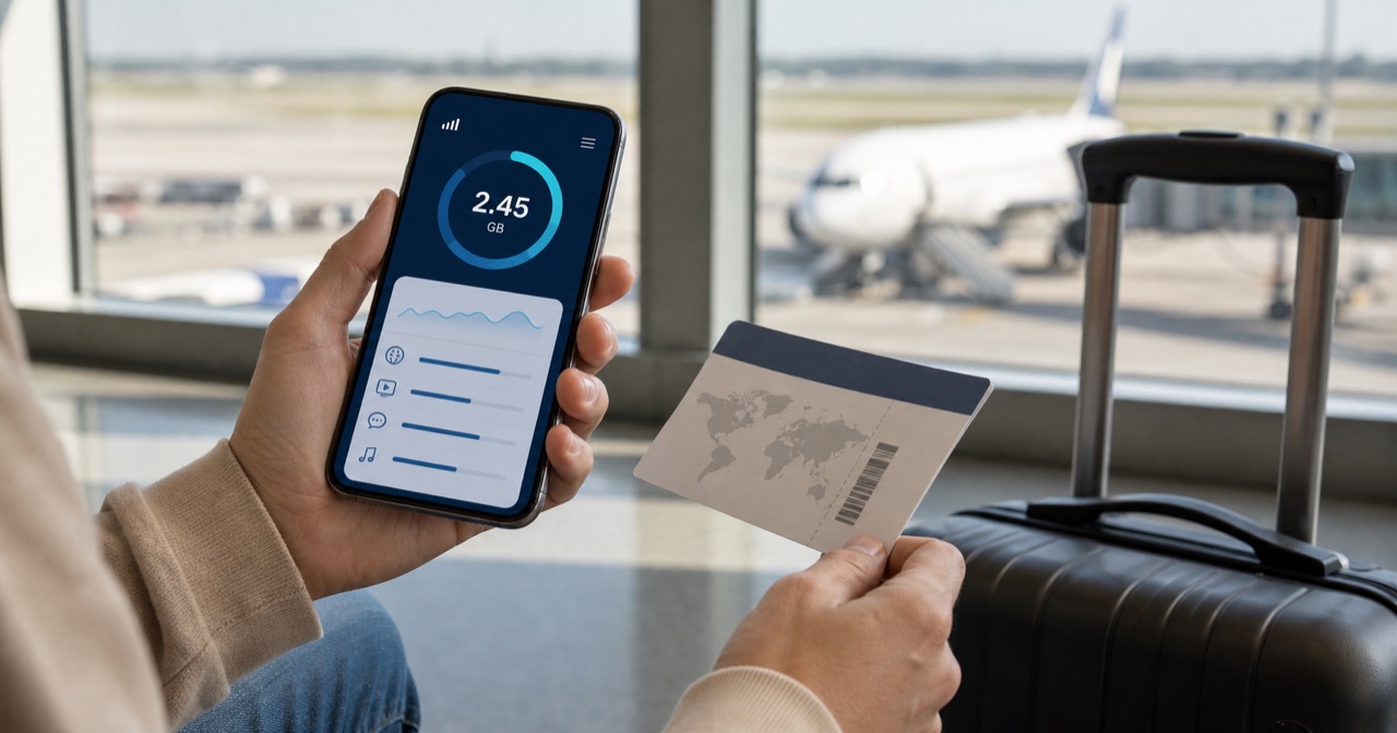 空港の搭乗口でスマートフォンの海外データ使用量を確認している様子