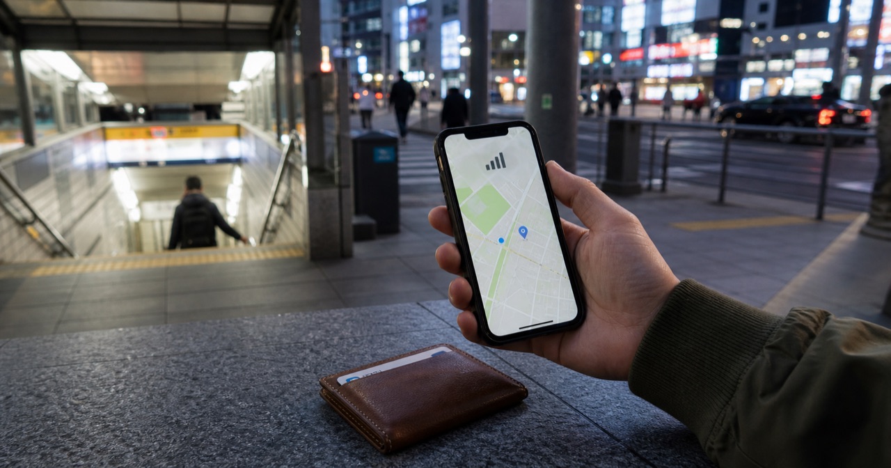 ソウルの地下鉄駅近くでスマートフォンの地図と通信状態を確認している旅行者