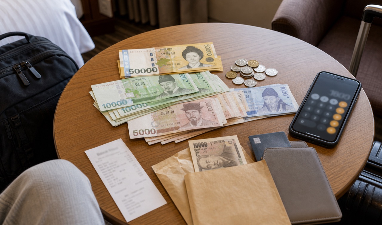 韓国旅行中にホテルで現金とカードの使い分けを確認している様子