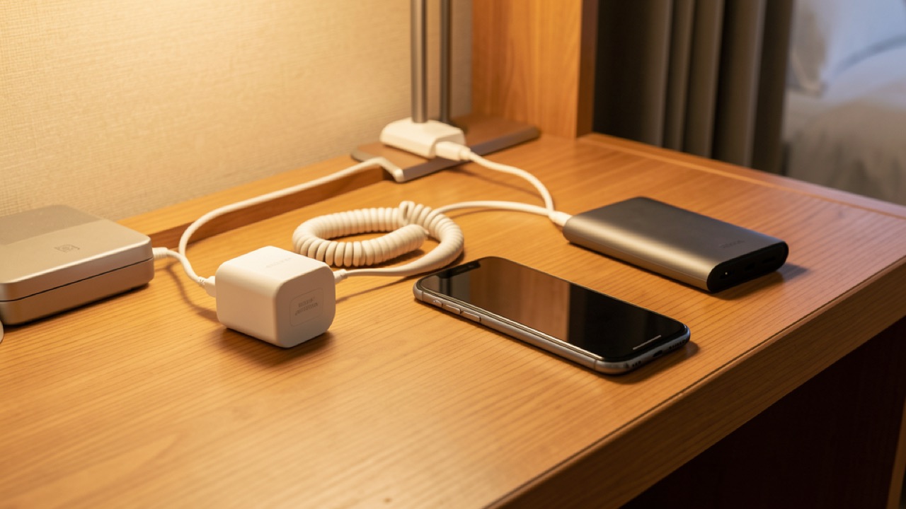 ホテルの机で変換プラグと充電器を並べて夜の充電準備をしている様子