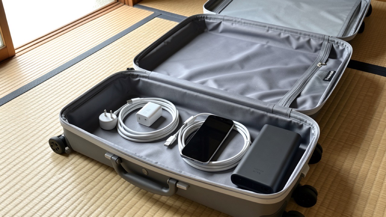 韓国旅行前にスーツケースの横で変換プラグと充電器を確認している様子