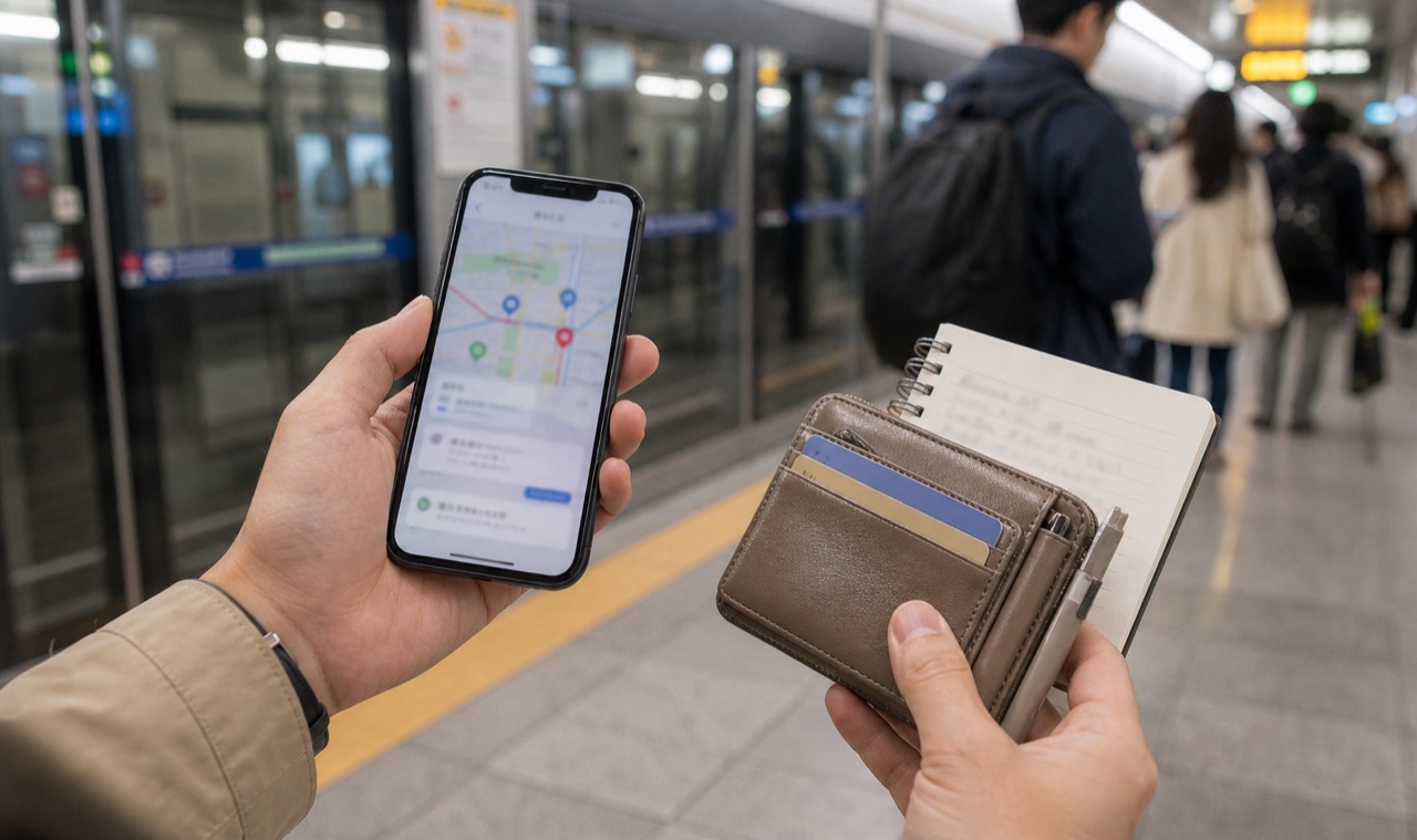 韓国の地下鉄駅で地図アプリと交通カードを確認している様子