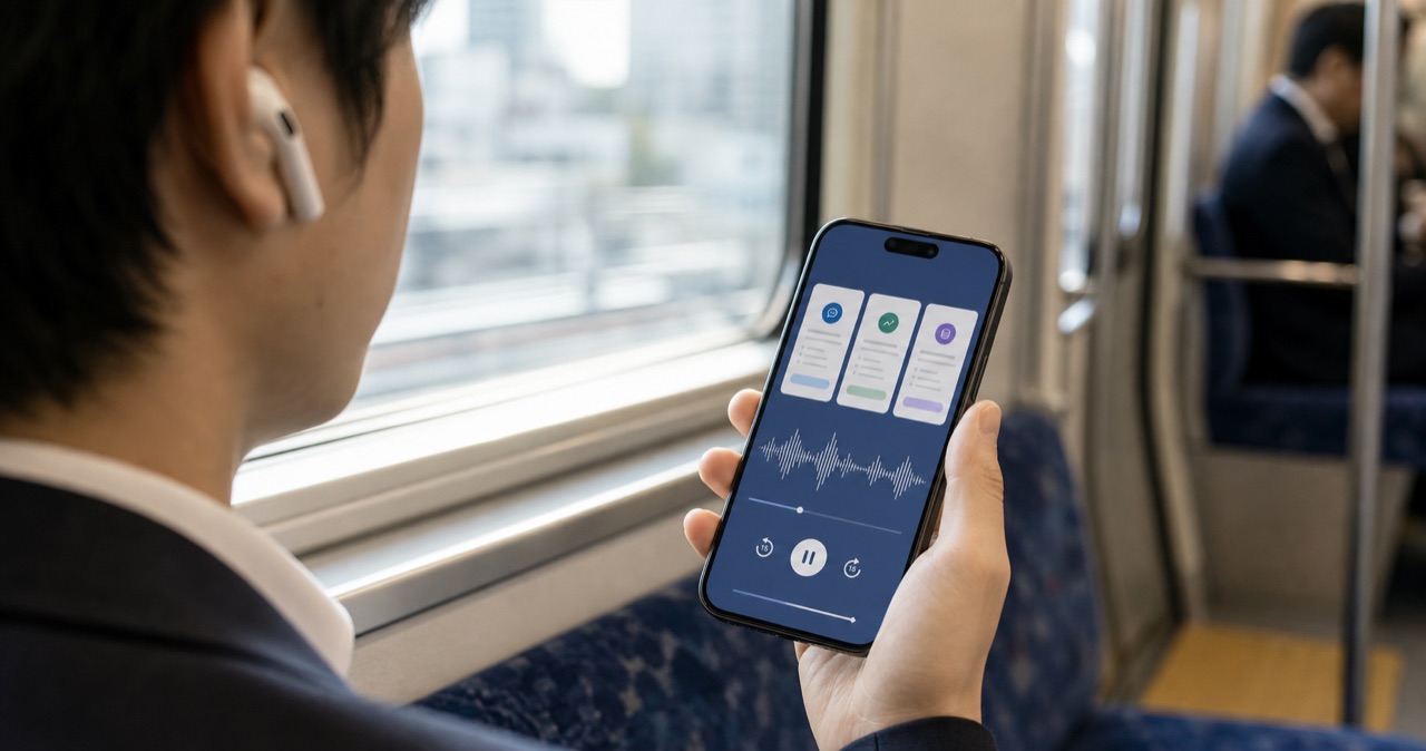 通勤電車で資料の音声要約をスマートフォンで聞いている様子