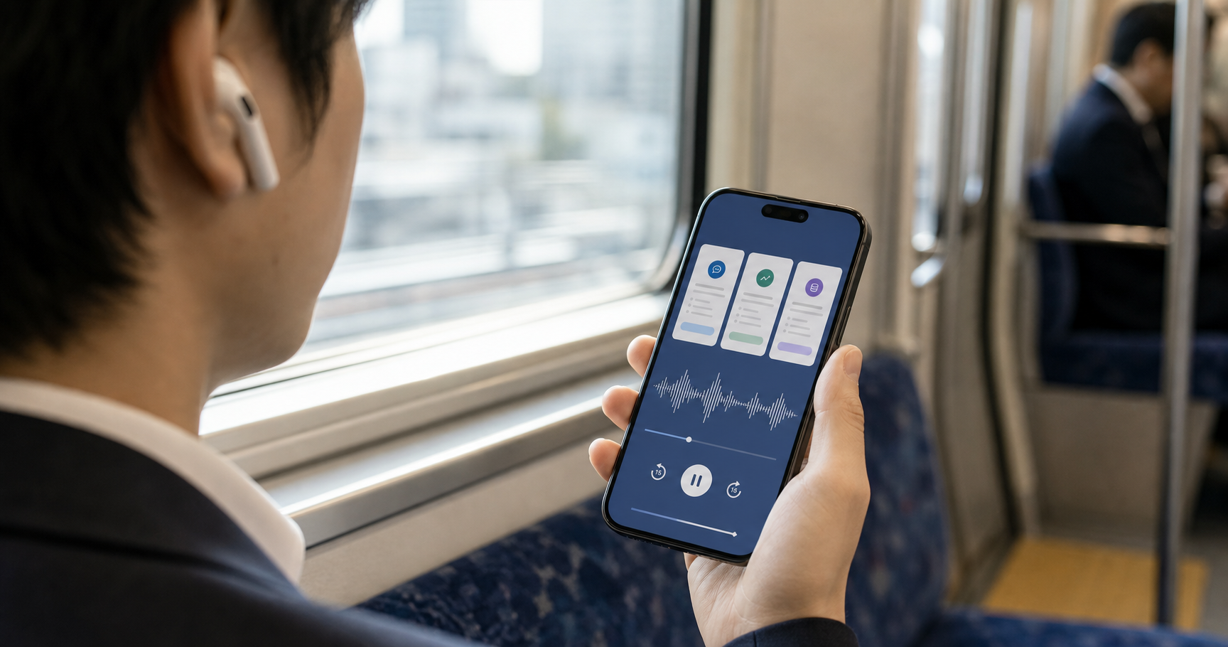 通勤電車で資料の音声要約をスマートフォンで聞いている様子
