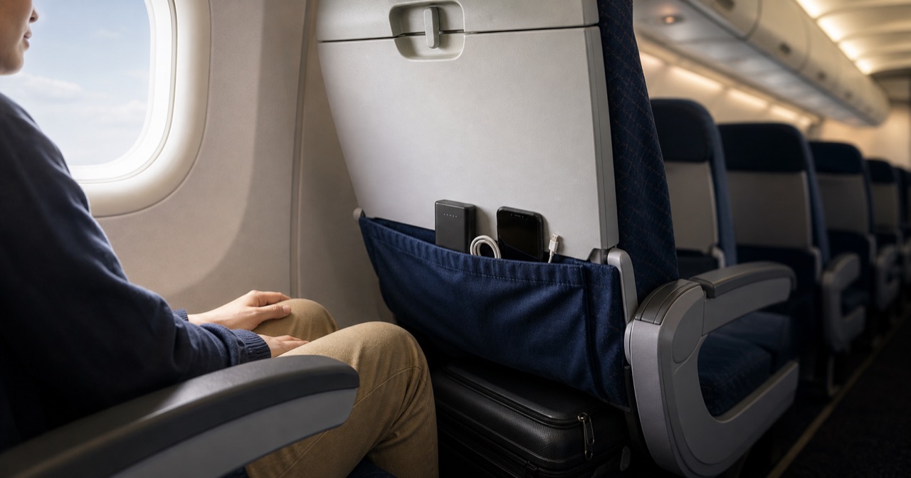 飛行機の座席ポケットに小型モバイルバッテリーとスマートフォンを入れている様子