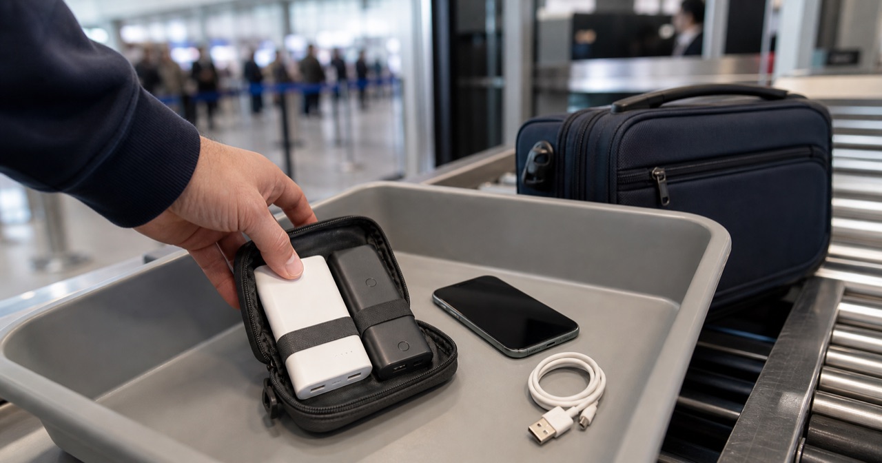 空港保安検査のトレーにモバイルバッテリーとスマートフォンを入れている様子