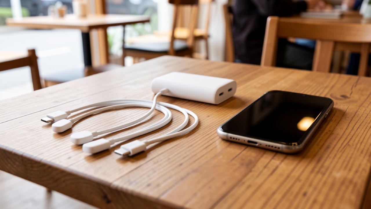 カフェのテーブルでUSB-Cケーブルとモバイルバッテリーを使い分けている様子