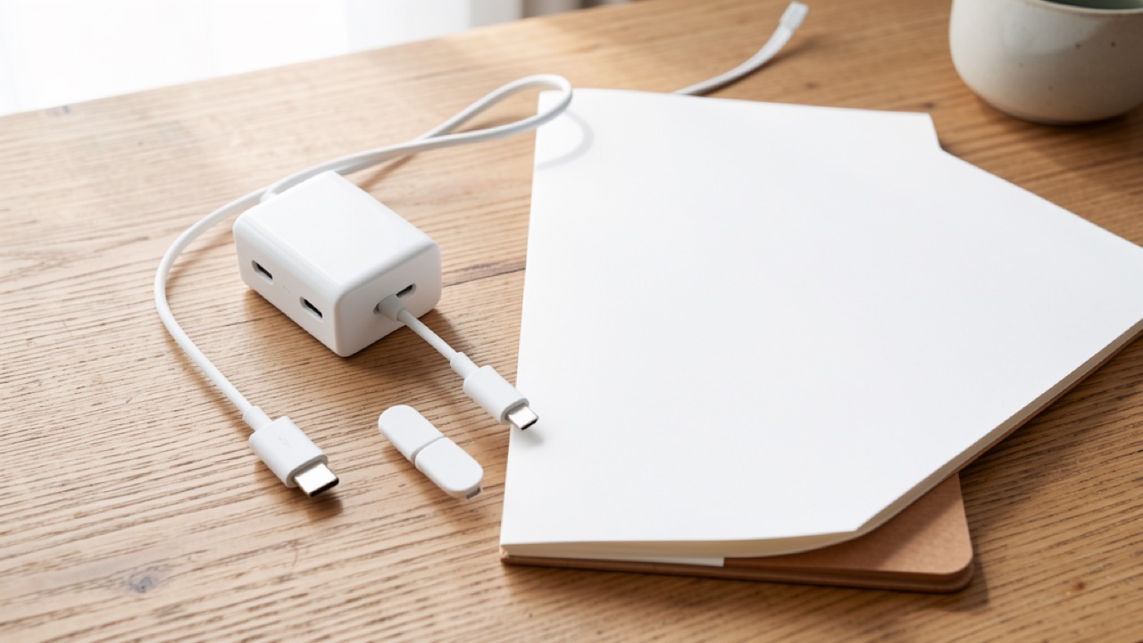 机の上でUSB-Cケーブルと充電器の組み合わせを確認している様子