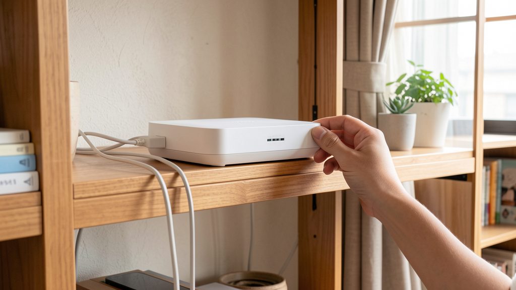 棚の上のWi-Fiルーターの置き場所と配線を確認している様子