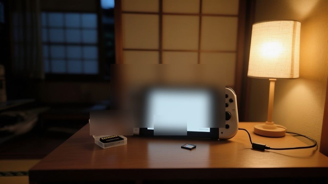 ゲームカードケースとメモリーカード、充電ケーブルを並べた夜の机