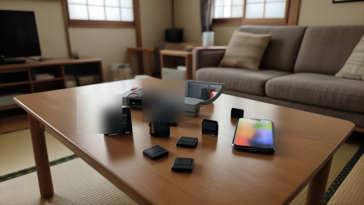 携帯ゲーム機の横にゲームカードと抽象的なダウンロード画面を並べた様子