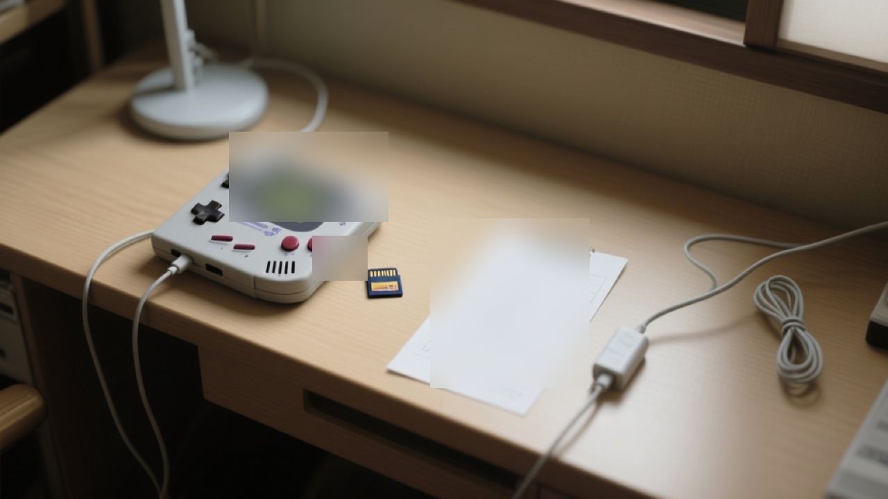 携帯ゲーム機とメモリーカード、充電ケーブルをチェックリストと並べた様子