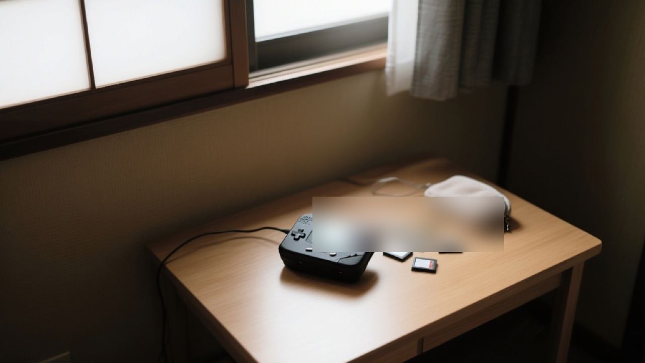 中古の携帯ゲーム機とゲームカードを机に並べて確認している様子