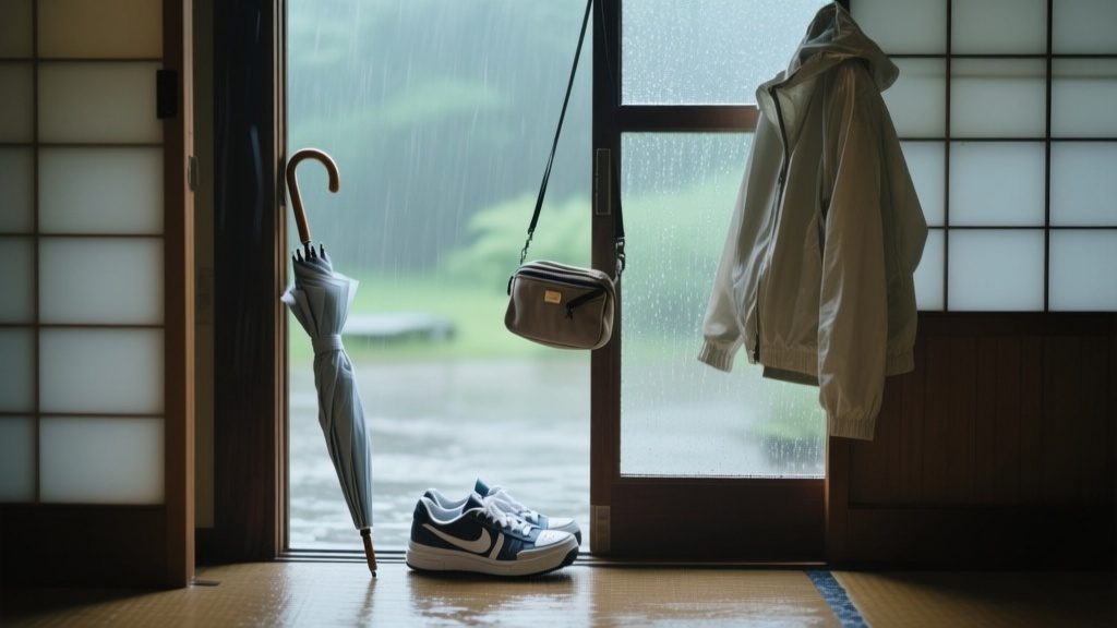 雨の日の韓国旅行を想定して靴と折りたたみ傘を玄関で確認している様子