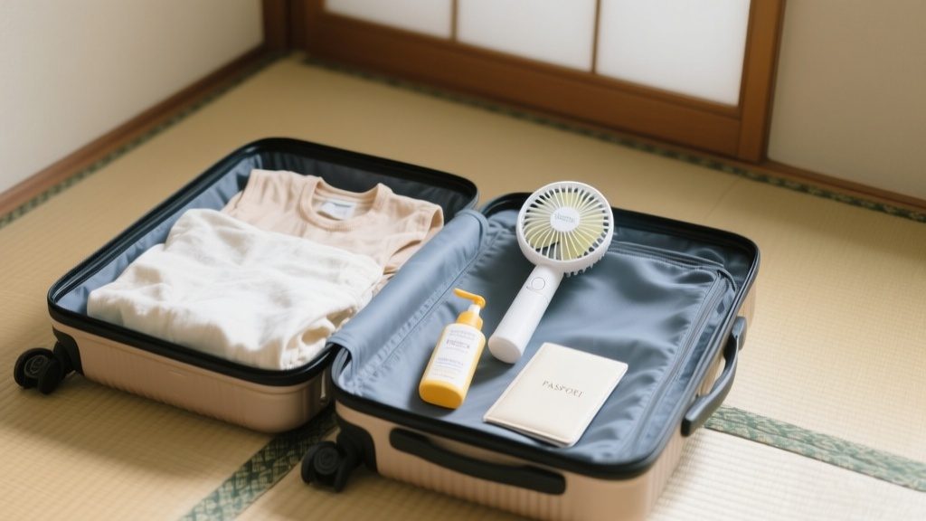 夏の韓国旅行用に薄手の服と傘をスーツケースへ入れている様子