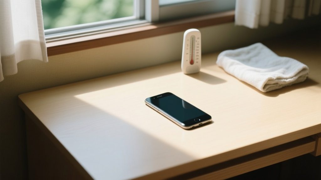 夏の窓辺でスマホと温度計を確認している机の様子