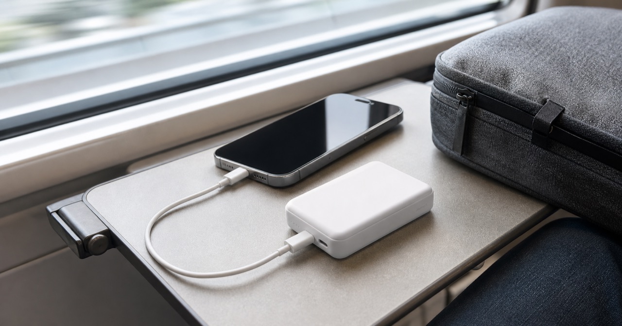 移動中にコンパクトなモバイルバッテリーでスマートフォンを充電している様子