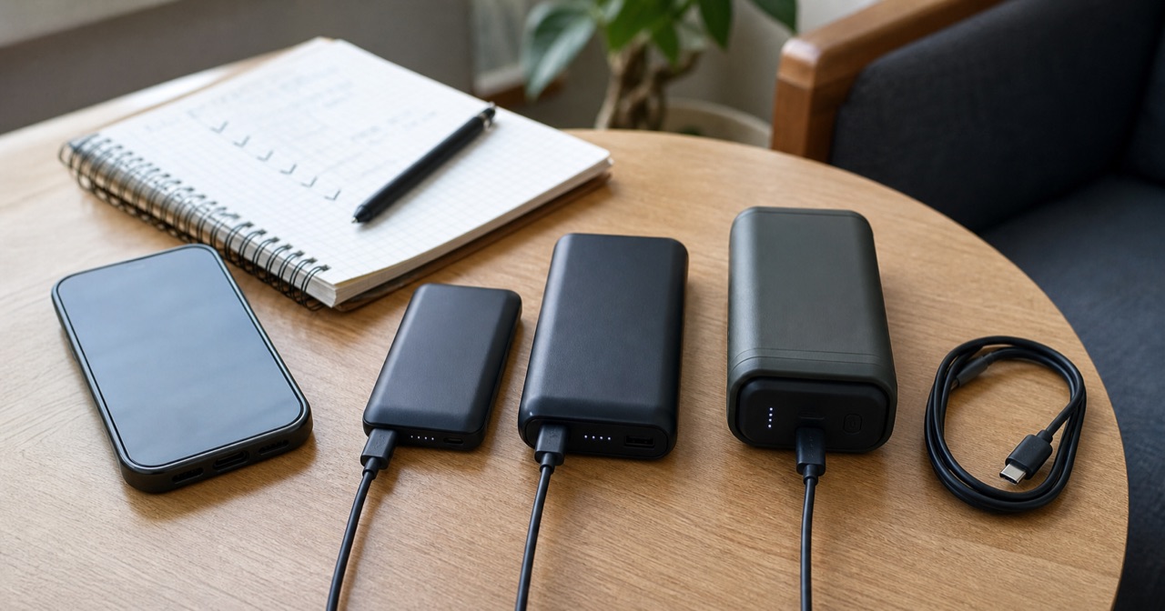 容量やサイズの違うモバイルバッテリーをテーブルで比較している様子