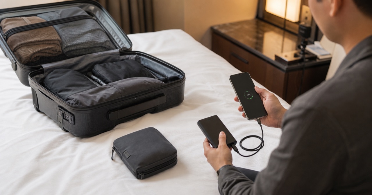 旅行前のホテルでモバイルバッテリーとスマートフォンの充電状態を確認している様子