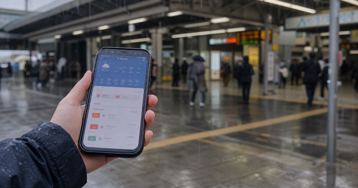 雨の駅前でスマホの天気と交通情報を確認する手元