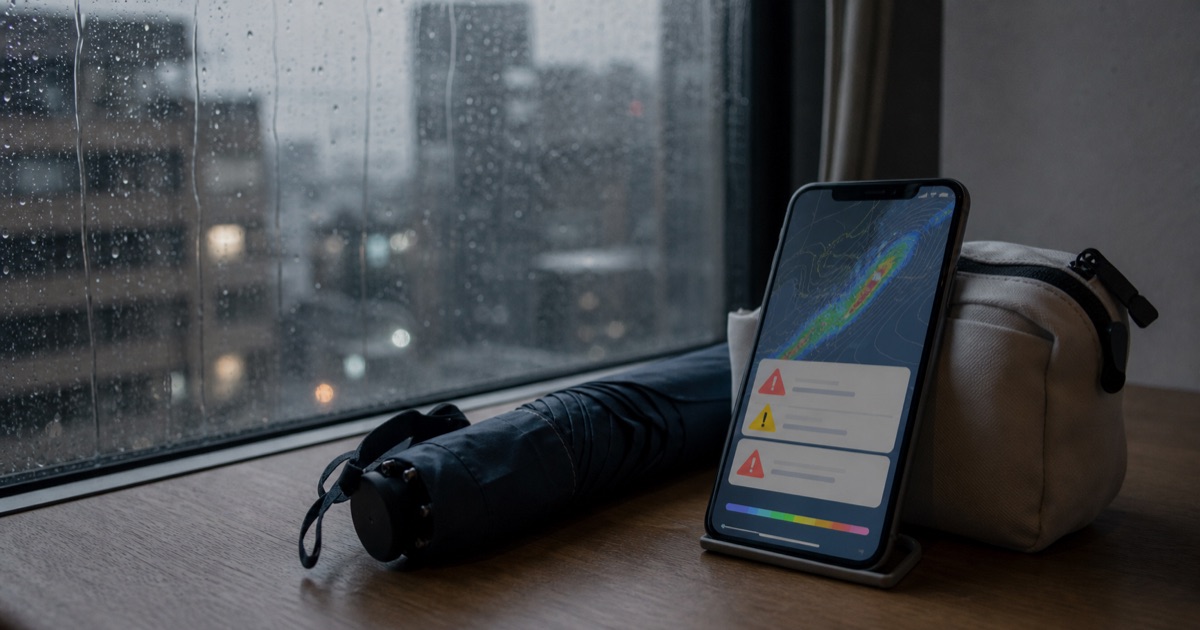 雨の窓際で台風情報を確認するスマートフォン