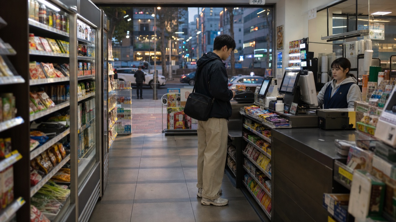 韓国のコンビニで旅行者が支払い方法を選ぶ場面