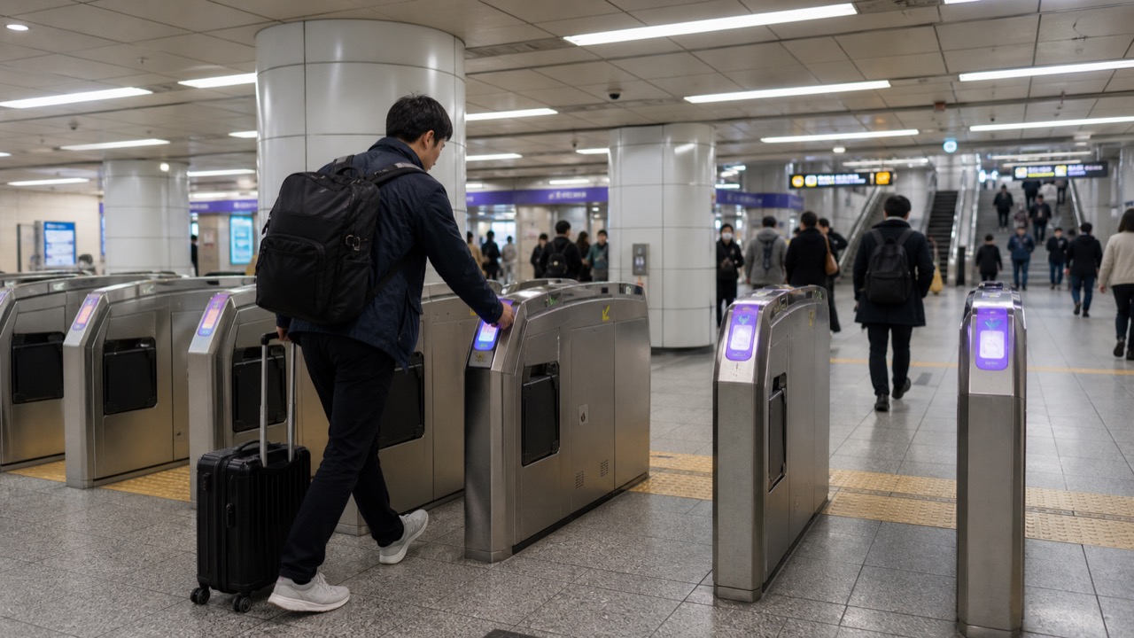 ソウルの地下鉄改札をT-moneyで通る旅行者