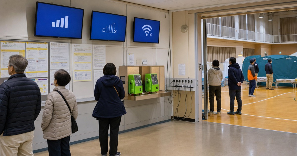 避難所内に設置された通信状況案内と災害時用の公衆電話