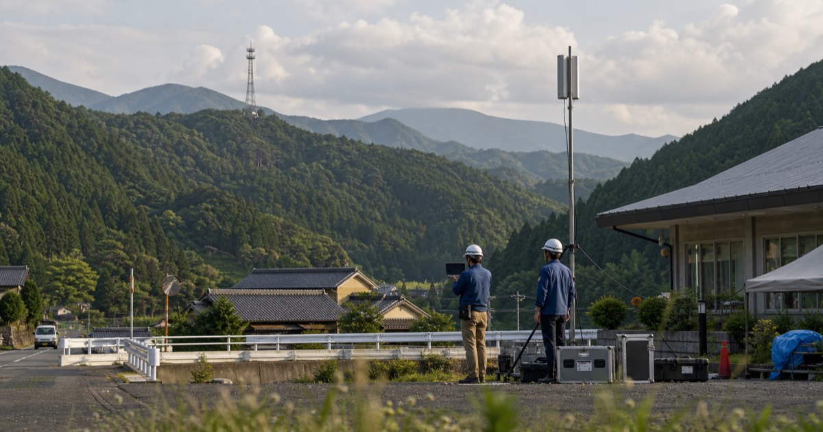 山間部の道路脇に設置された災害対応用の臨時通信アンテナ