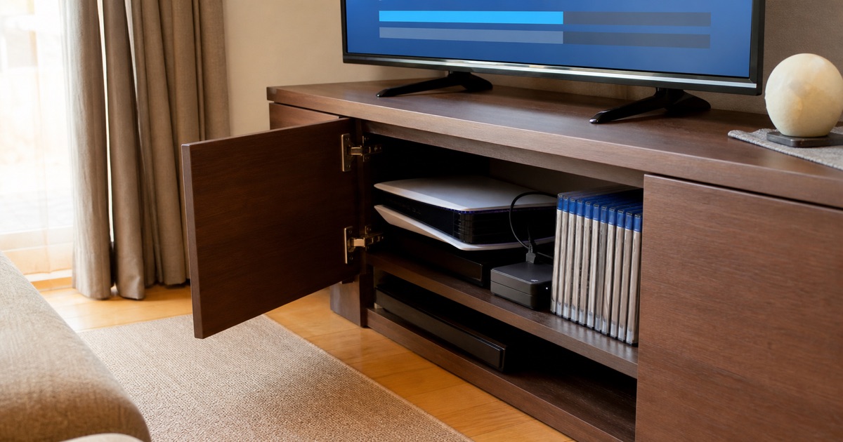 テレビ台の中でゲーム機と外部ストレージの保存状態を確認する場面