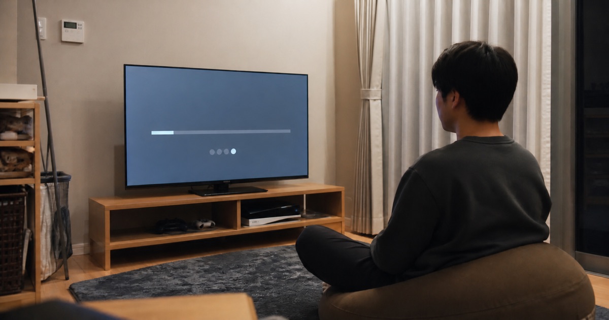 自宅のテレビで大容量アップデートの進行を待つ様子