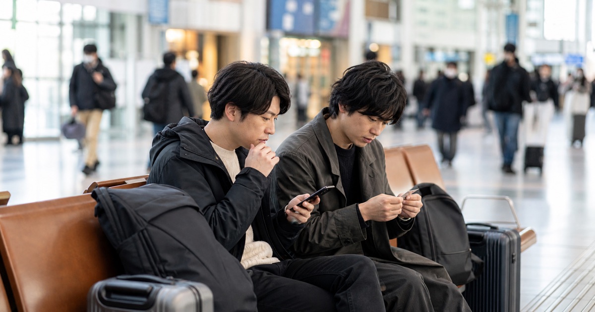 駅の通路で申込条件を一緒に確認する二人