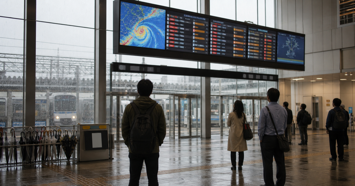 台風接近時に駅の運行情報を確認する利用者