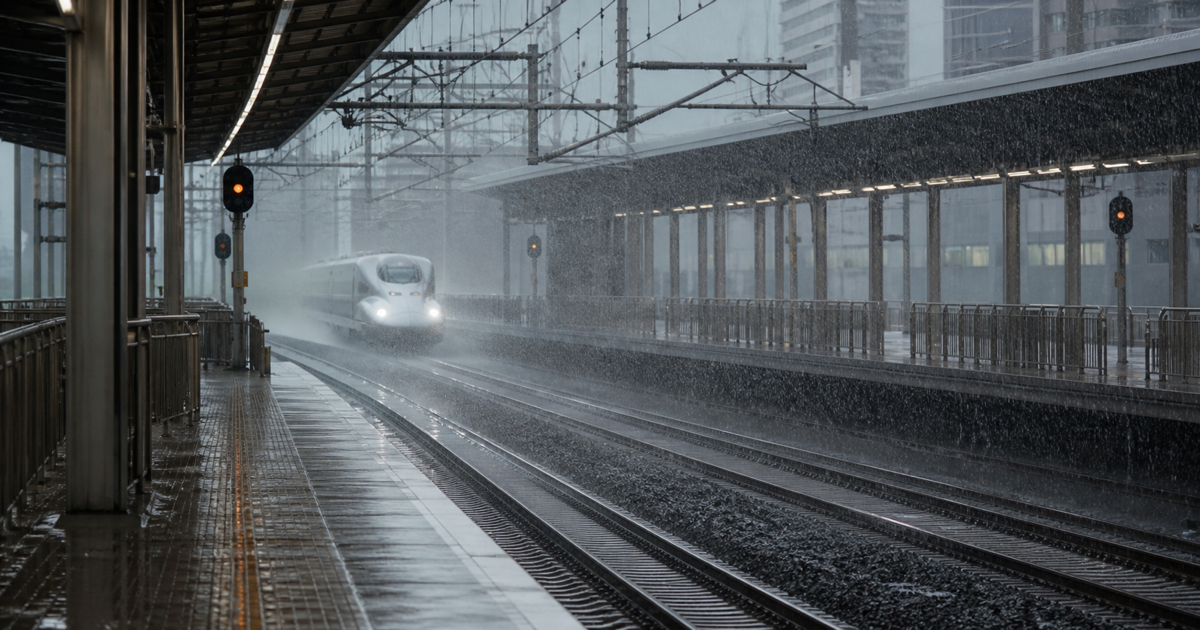 強い雨の中を走る新幹線と濡れた駅のホーム
